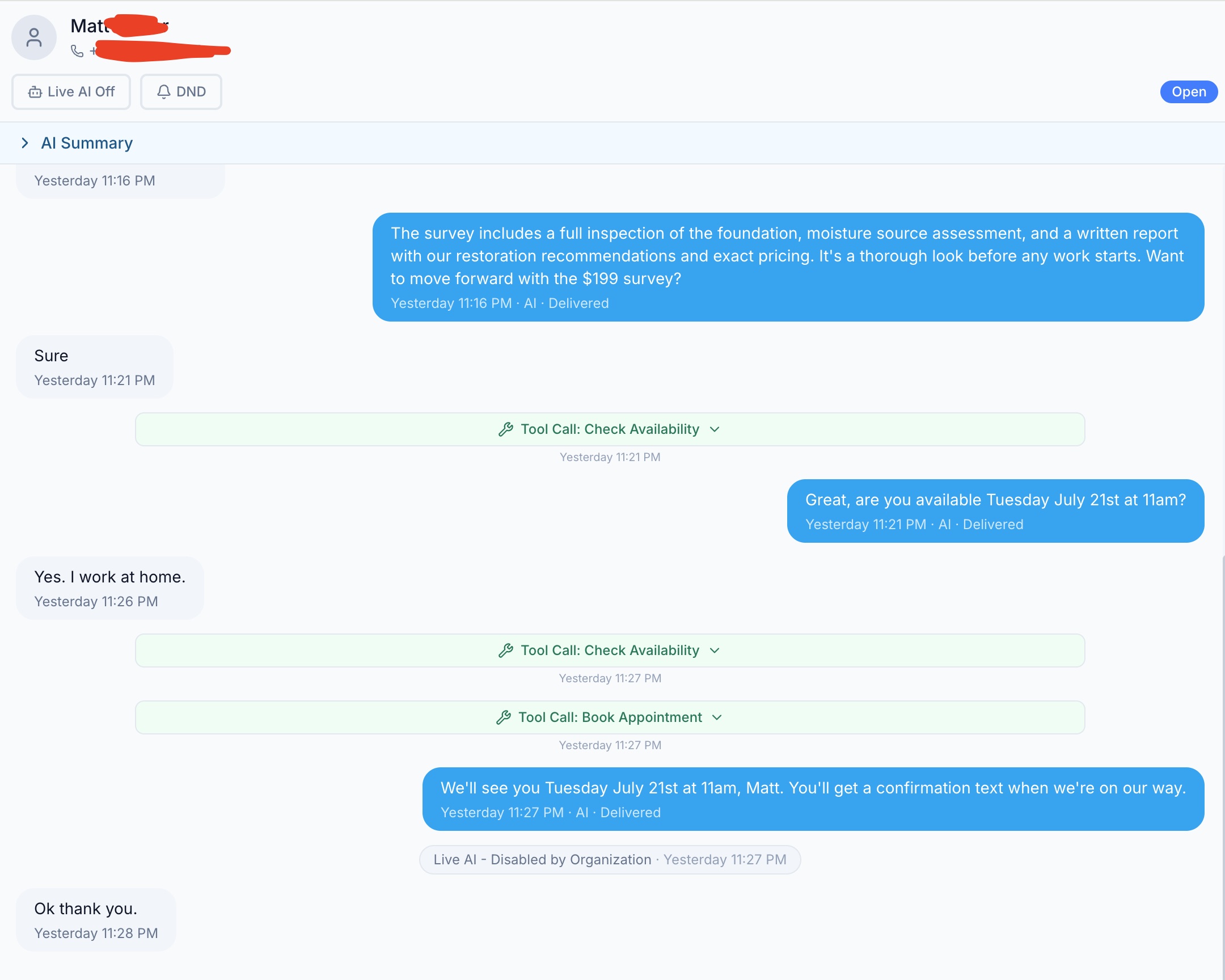 AI SMS conversation answering a pricing question and booking the survey