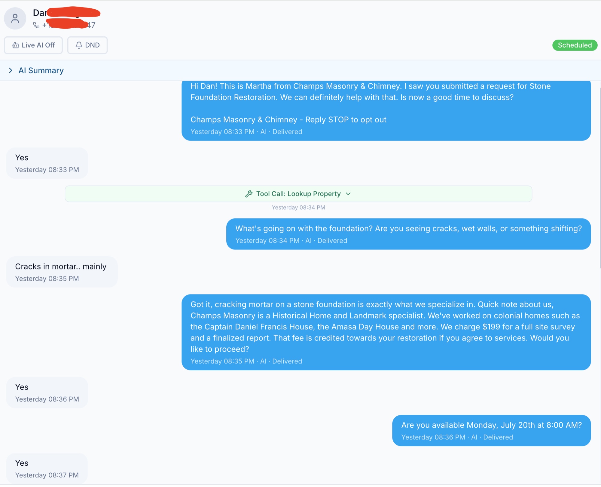 AI SMS conversation qualifying and booking a lead