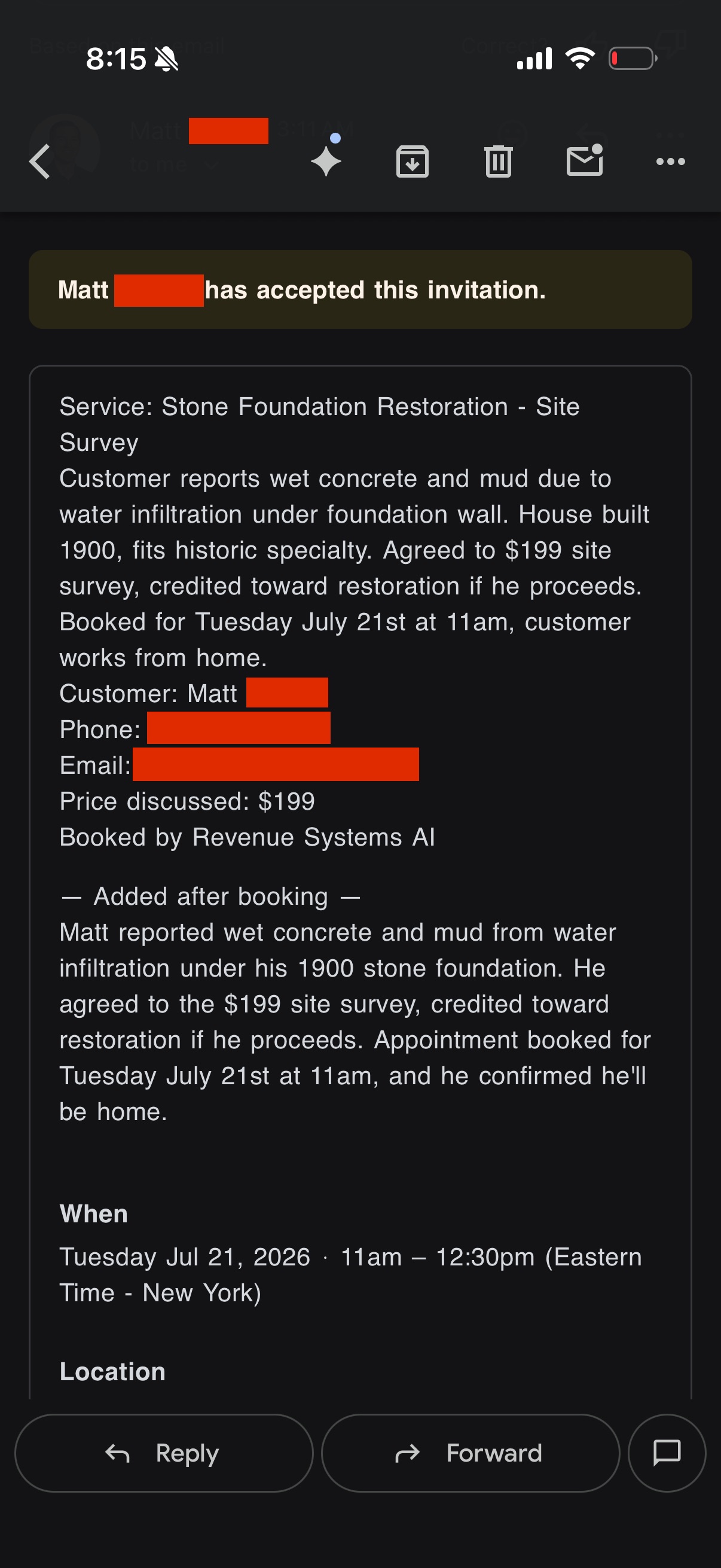 Email showing the customer accepted the calendar invitation for the site survey