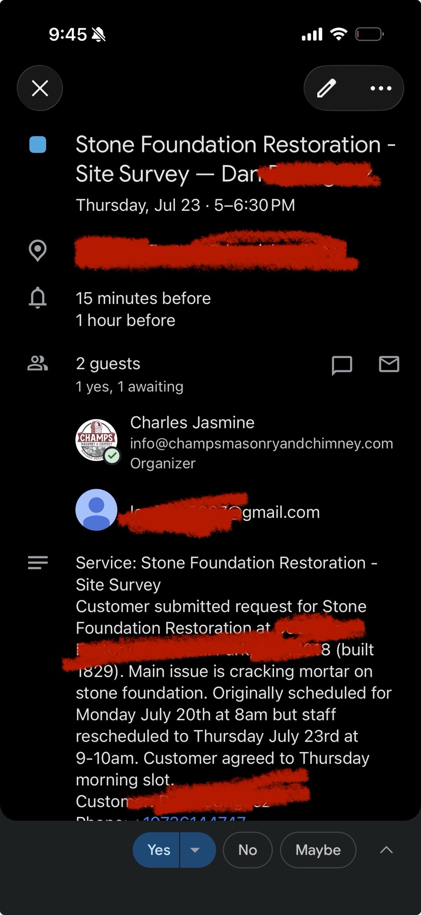 The booked appointment on Google Calendar with the AI's notes