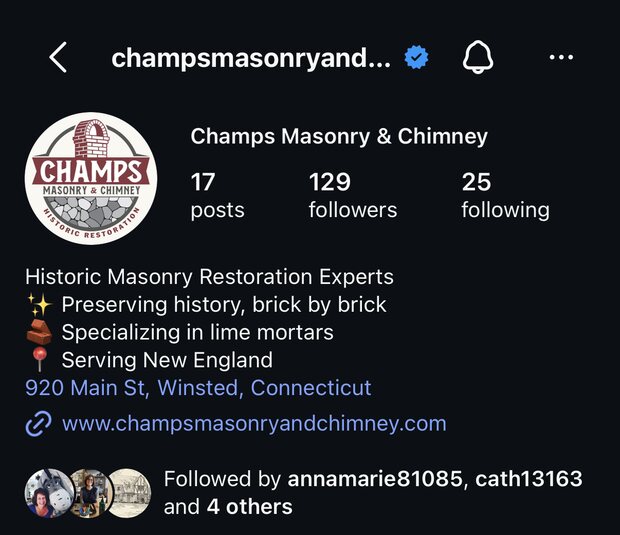Champs Masonry Instagram profile with 129 followers