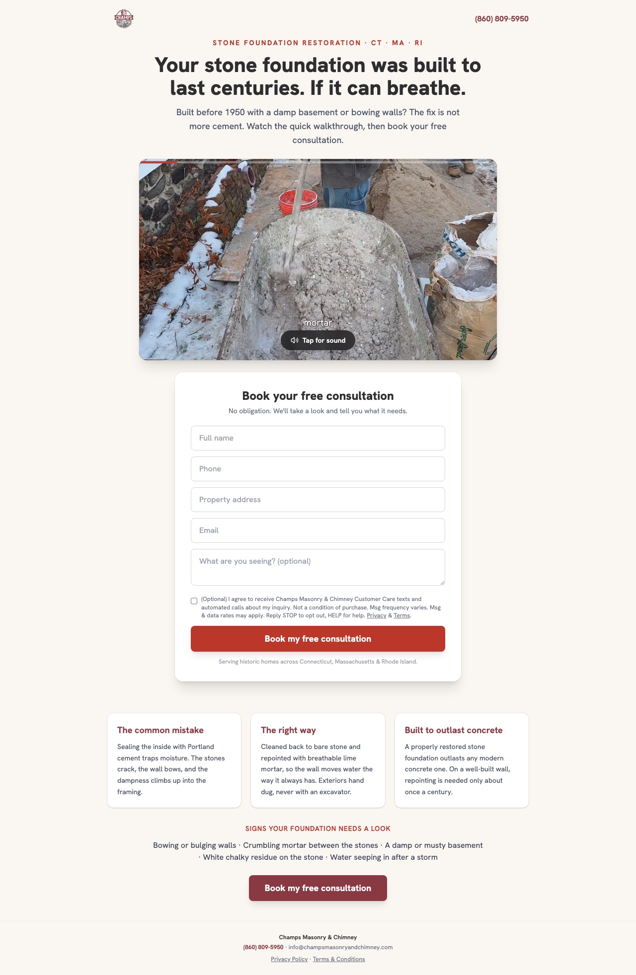 Full length landing page for Stone Foundation Restoration