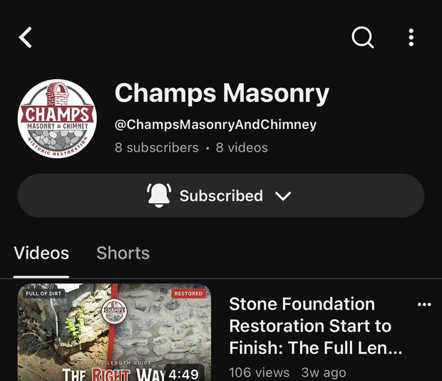 Champs Masonry YouTube profile with 8 followers